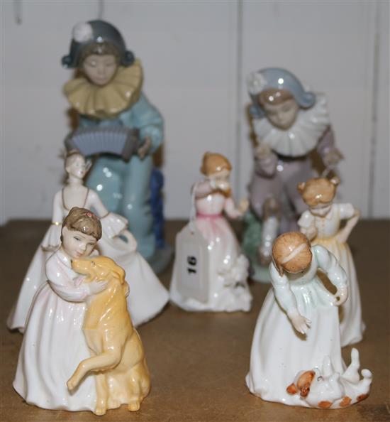 Two Nao figures of Pierrots, Coalport figure of Gwen & 4 small Royal Doulton figures, inc Buddies, Reward, etc